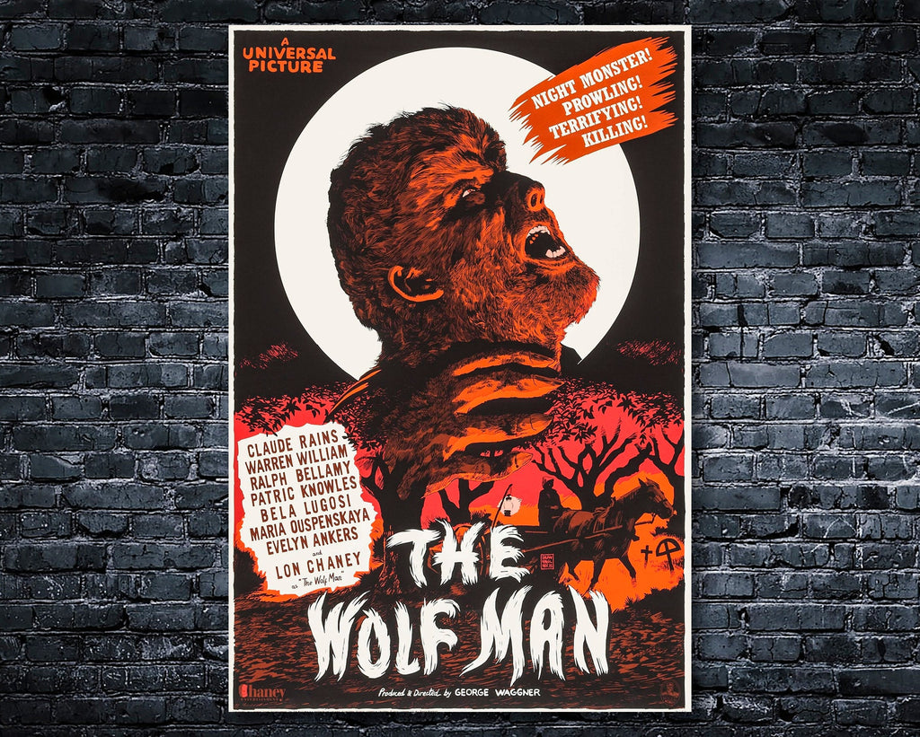 The Wolf Man 1941 Vintage Poster Reprint - Lon Chaney Werewolf Monster Home Decor in Poster Print or Canvas Art