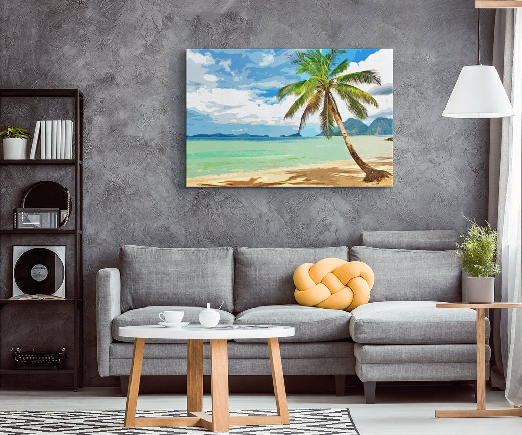 Tropical Palm Tree Beach Pop Art Illustration - World Travel Home Decor in Poster Print or Canvas Art