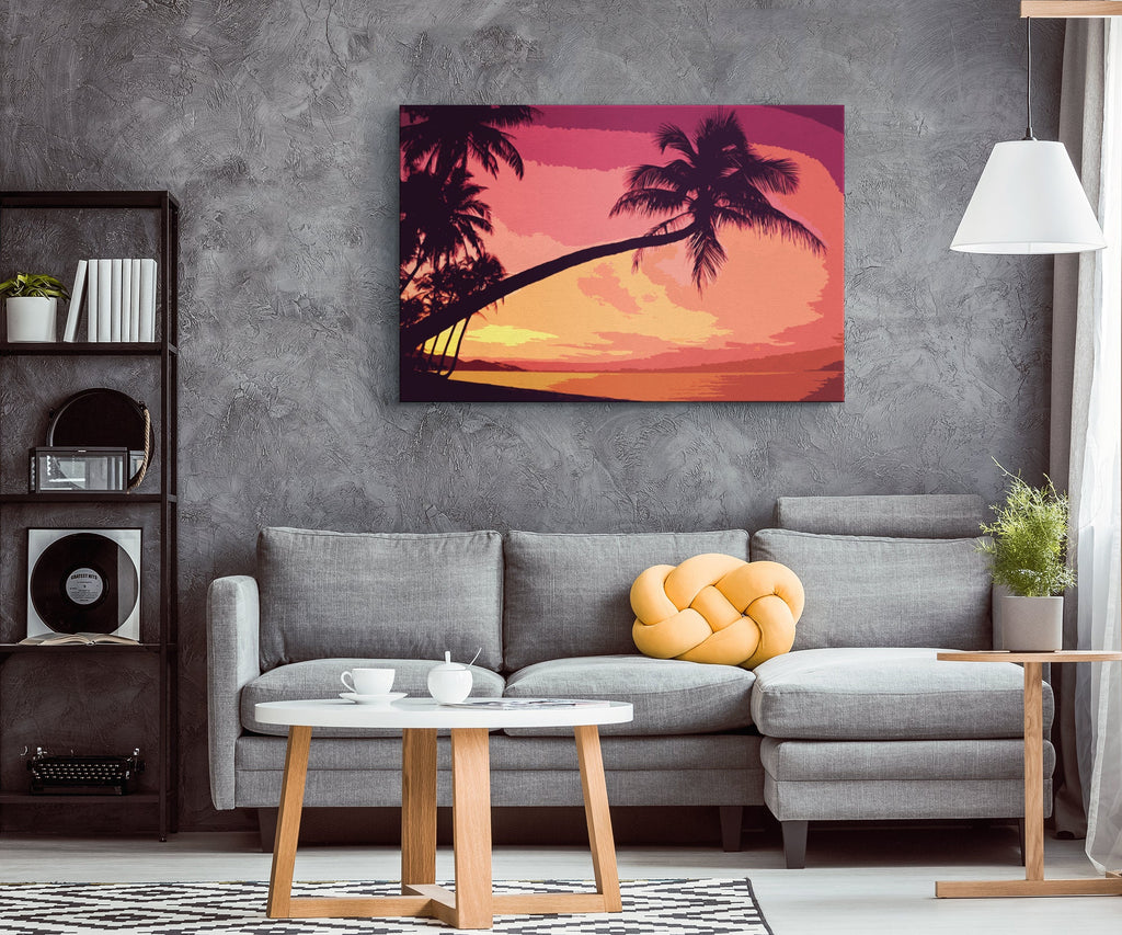 Tropical Palm Tree Sunset Pop Art Illustration - World Travel Home Decor in Poster Print or Canvas Art