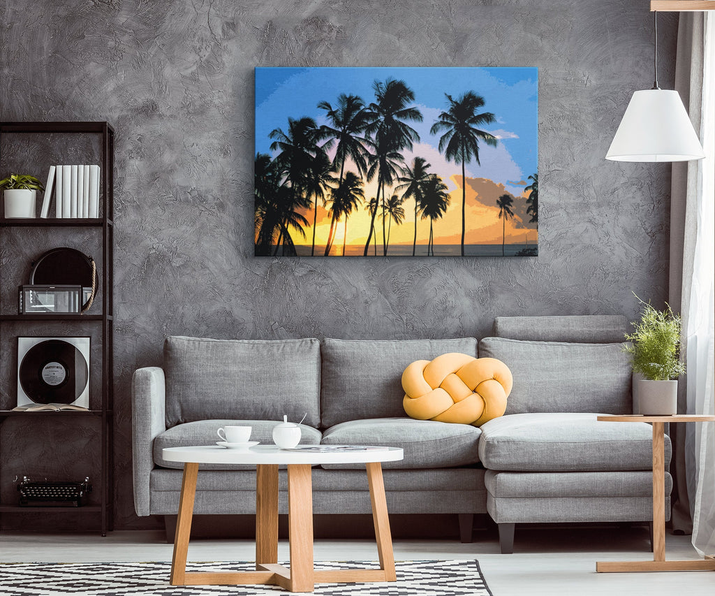 Tropical Palm Tree Sunset Pop Art Illustration - World Travel Home Decor in Poster Print or Canvas Art