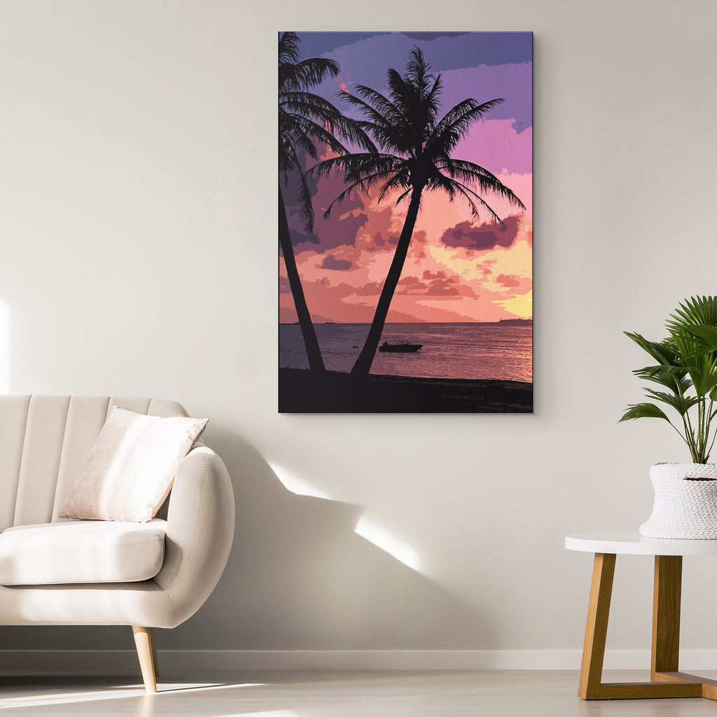 Tropical Palm Tree Sunset Pop Art Illustration - World Travel Home Decor in Poster Print or Canvas Art