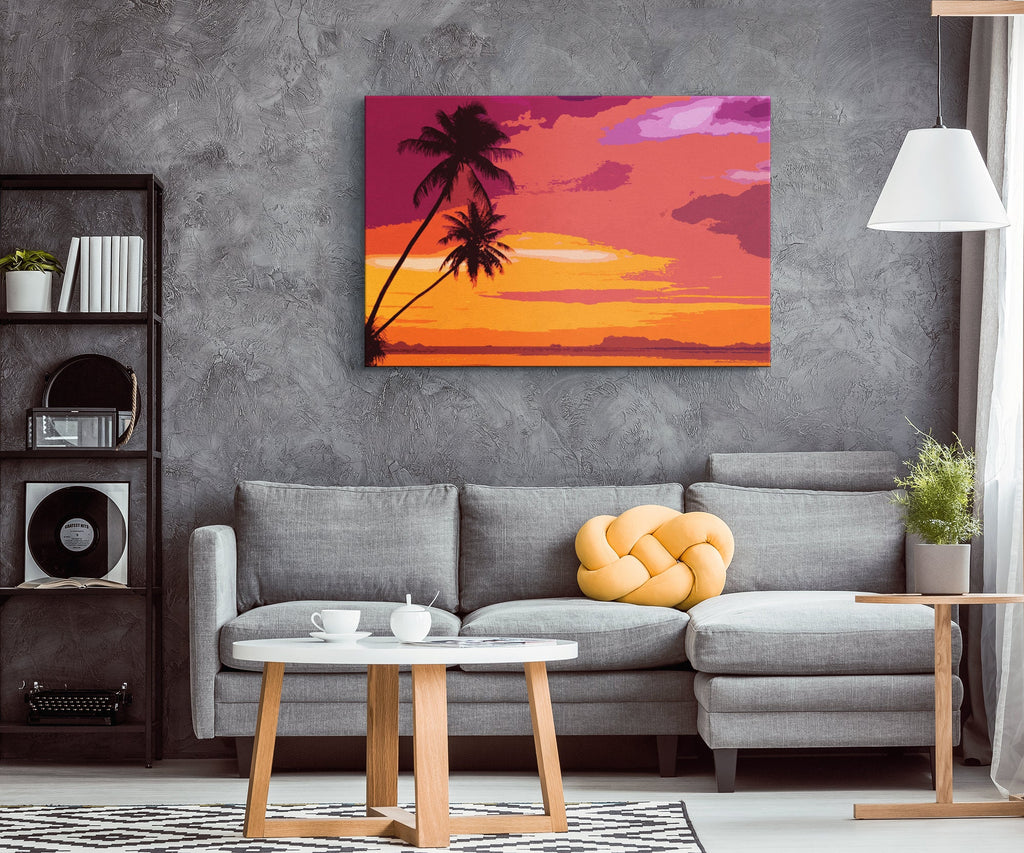 Tropical Palm Tree Sunset Pop Art Illustration - World Travel Home Decor in Poster Print or Canvas Art