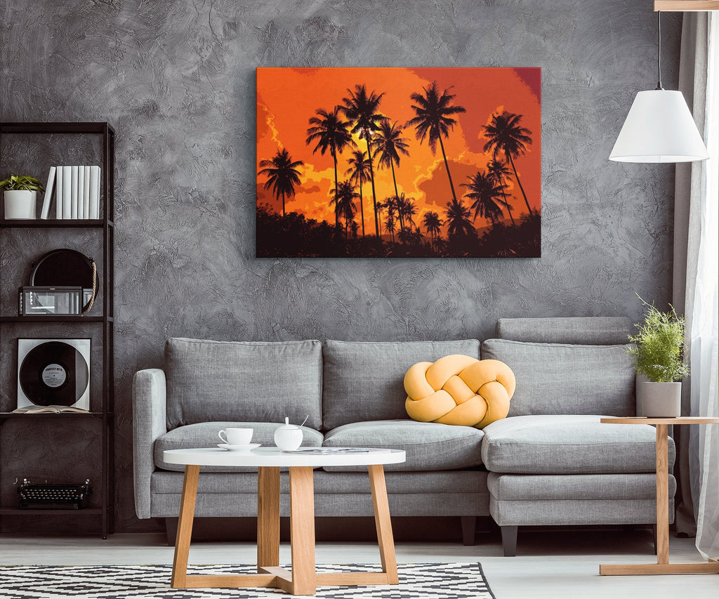 Tropical Palm Tree Sunset Pop Art Illustration - World Travel Home Decor in Poster Print or Canvas Art