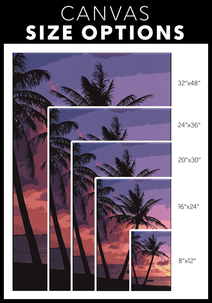 Tropical Palm Tree Sunset Pop Art Illustration - World Travel Home Decor in Poster Print or Canvas Art