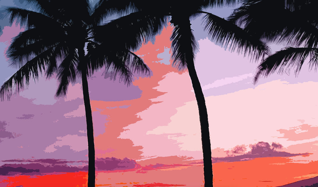 Tropical Palm Tree Sunset Pop Art Illustration - World Travel Home Decor in Poster Print or Canvas Art