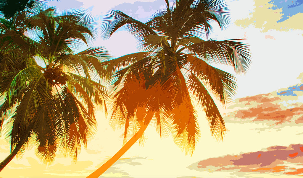 Tropical Palm Tree Sunset Pop Art Illustration - World Travel Home Decor in Poster Print or Canvas Art