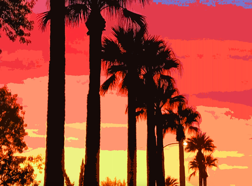 Tropical Palm Tree Sunset Pop Art Illustration - World Travel Home Decor in Poster Print or Canvas Art