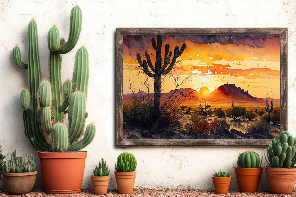 Desert Sunset Print Colorful Watercolor Wall Art Southwest Landscape Gift Saguaro Cactus Beautiful Nature Home Decor