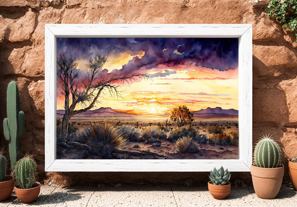 Desert Sunset Print Colorful Watercolor Wall Art Southwest Landscape Gift Saguaro Cactus Beautiful Nature Home Decor