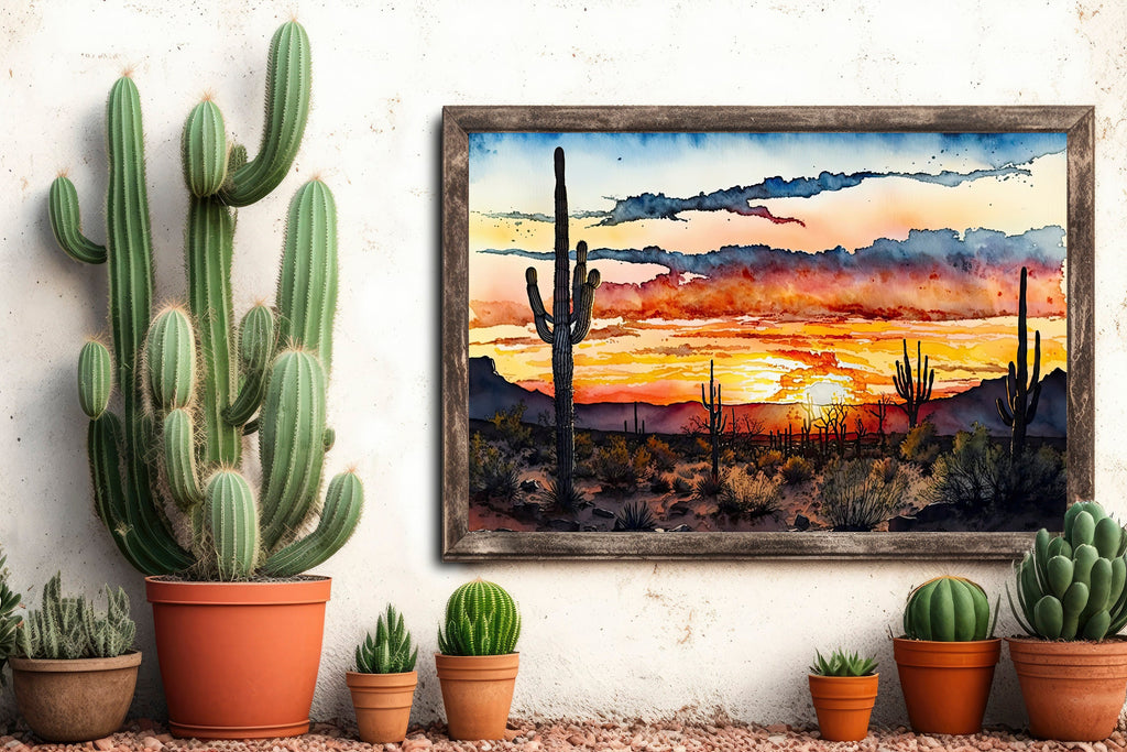 Desert Sunset Print Colorful Watercolor Wall Art Southwest Landscape Gift Saguaro Cactus Beautiful Nature Home Decor