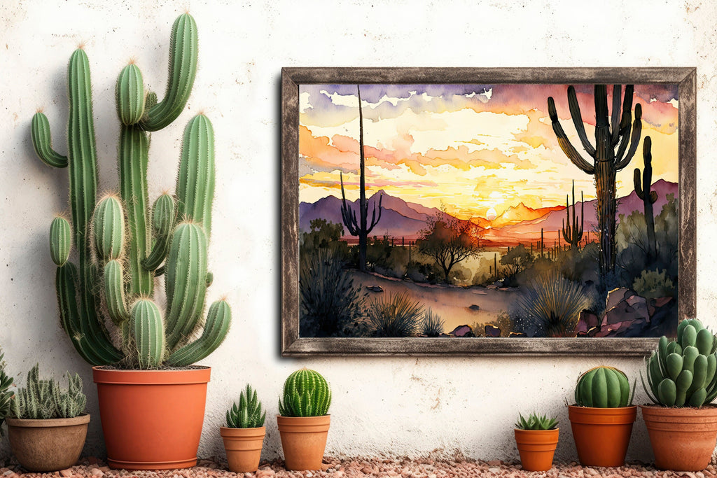 Desert Sunset Print Colorful Watercolor Wall Art Southwest Landscape Gift Saguaro Cactus Beautiful Nature Home Decor