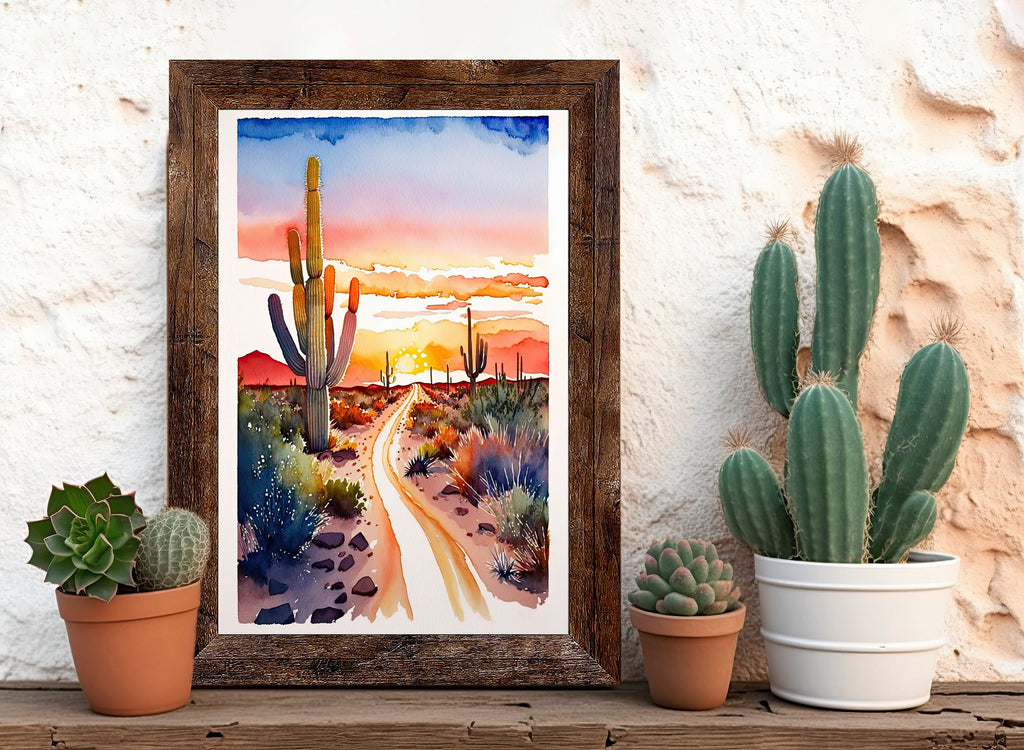 Desert Sunset Print Colorful Watercolor Wall Art Southwest Landscape Gift Saguaro Cactus Beautiful Nature Home Decor