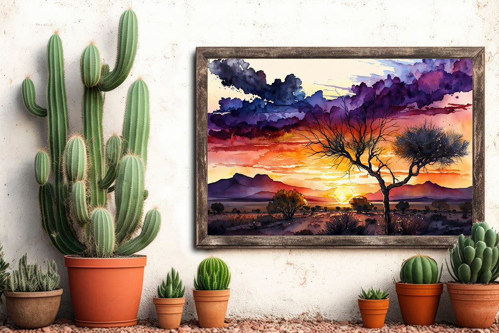 Desert Sunset Print Colorful Watercolor Wall Art Southwest Landscape Gift Saguaro Cactus Beautiful Nature Home Decor