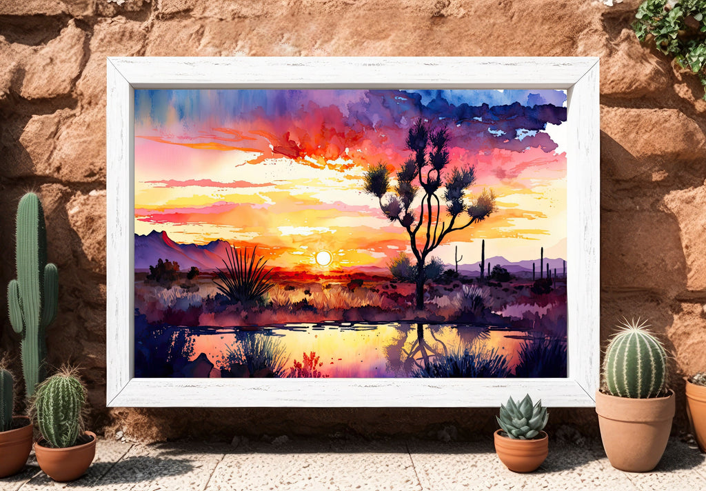 Joshua Tree Desert Sunset Print Colorful Watercolor Wall Art Southwest Landscape Gift Saguaro Cactus Beautiful Nature Home Decor