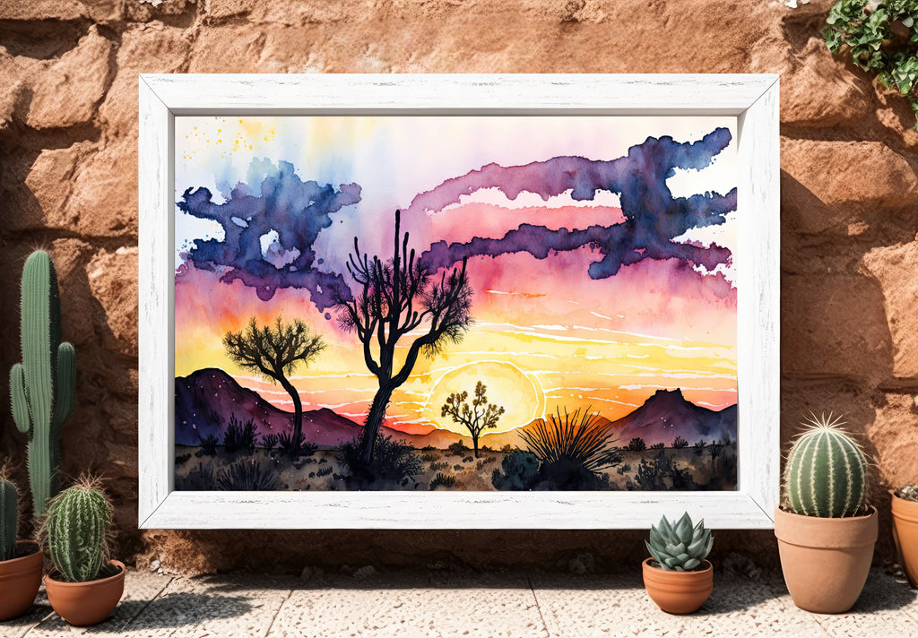 Joshua Tree Desert Sunset Print Colorful Watercolor Wall Art Southwest Landscape Gift Saguaro Cactus Beautiful Nature Home Decor