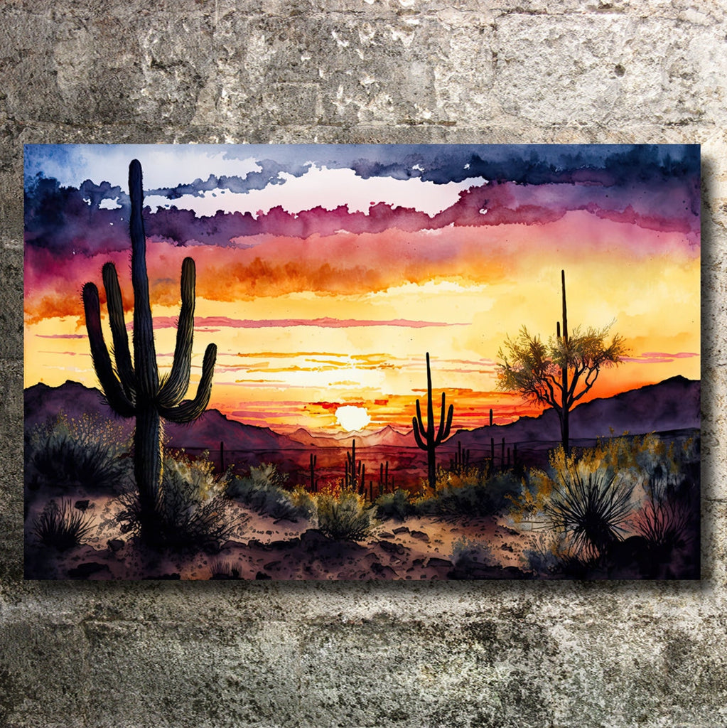 Desert Sunset Print Colorful Watercolor Wall Art Southwest Landscape Gift Saguaro Cactus Beautiful Nature Home Decor