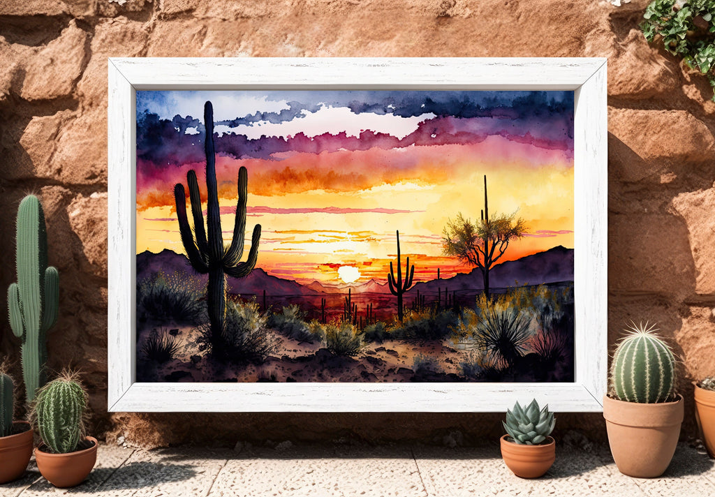 Desert Sunset Print Colorful Watercolor Wall Art Southwest Landscape Gift Saguaro Cactus Beautiful Nature Home Decor