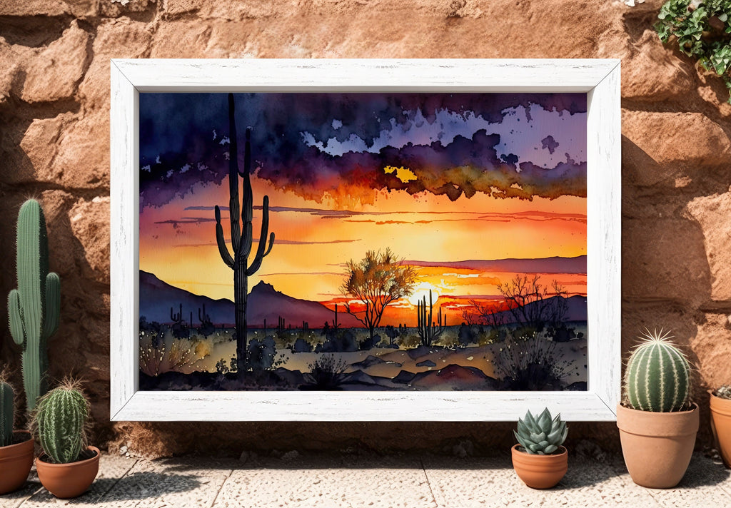 Desert Sunset Print Colorful Watercolor Wall Art Southwest Landscape Gift Saguaro Cactus Beautiful Nature Home Decor