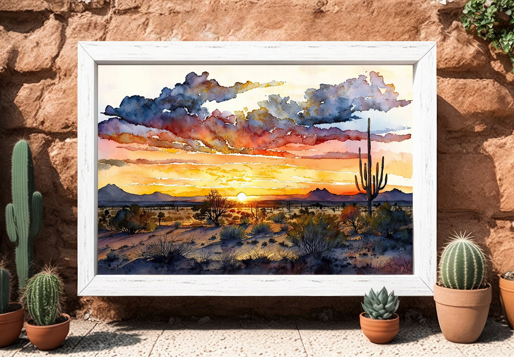 Desert Sunset Print Colorful Watercolor Wall Art Southwest Landscape Gift Saguaro Cactus Beautiful Nature Home Decor