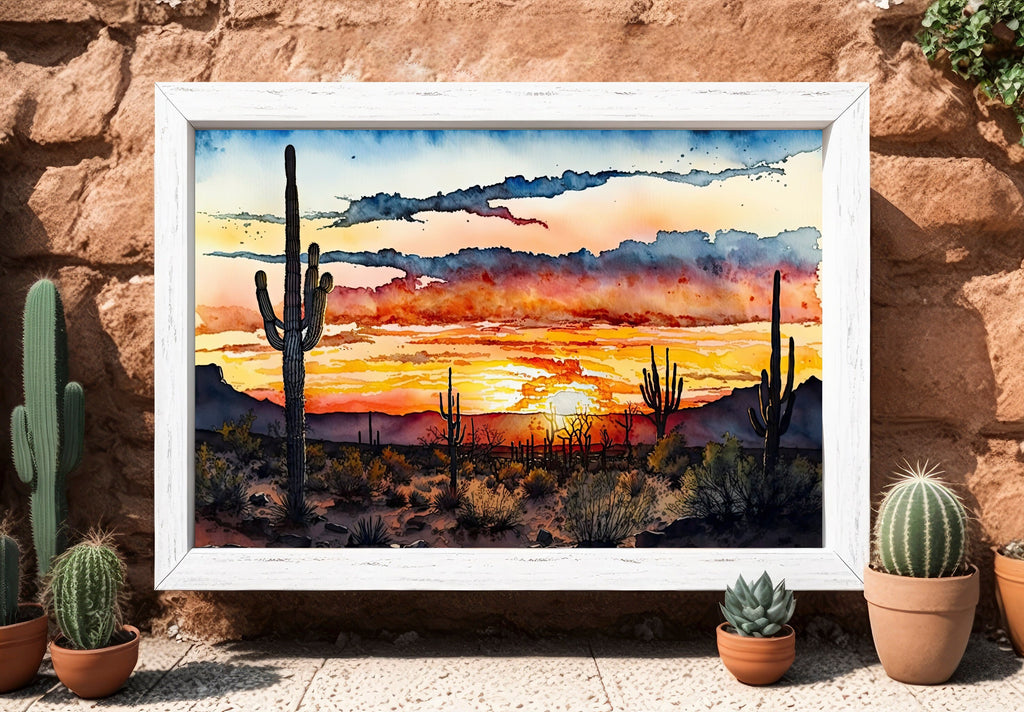 Desert Sunset Print Colorful Watercolor Wall Art Southwest Landscape Gift Saguaro Cactus Beautiful Nature Home Decor