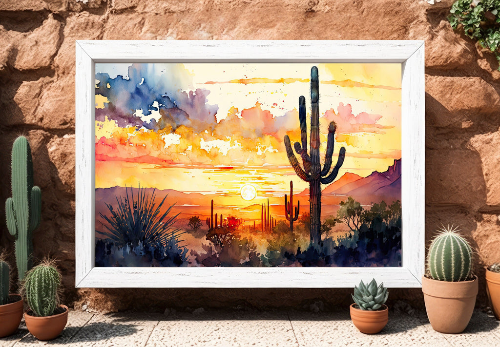 Desert Sunset Print Colorful Watercolor Wall Art Southwest Landscape Gift Saguaro Cactus Beautiful Nature Home Decor