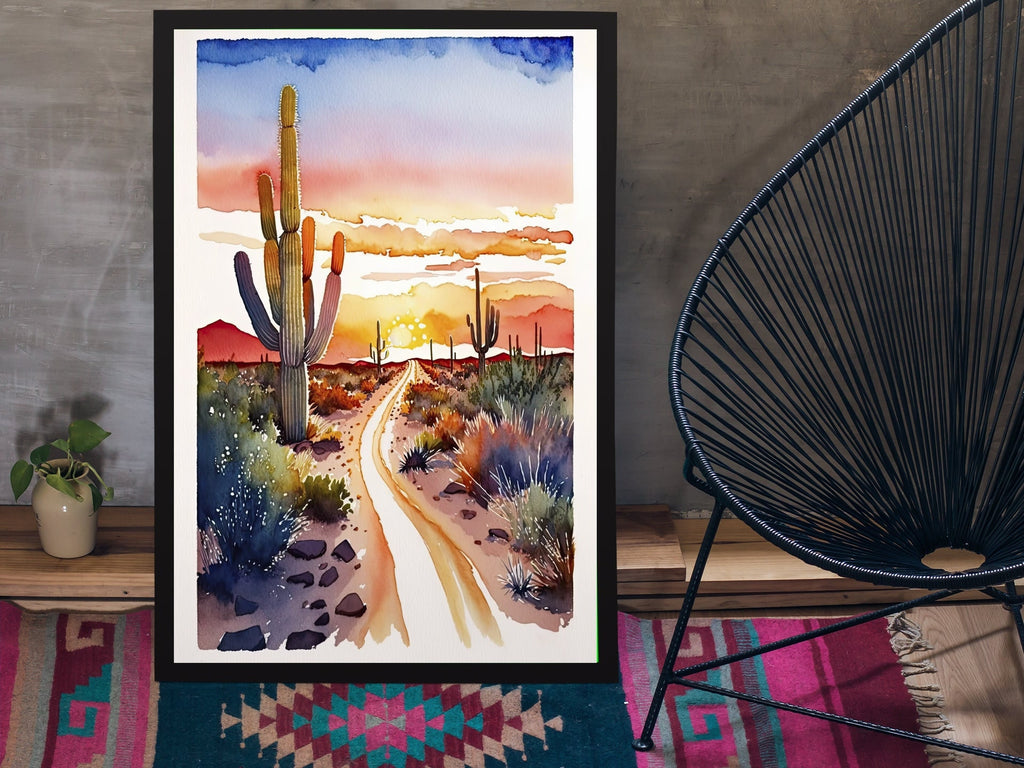 Desert Sunset Print Colorful Watercolor Wall Art Southwest Landscape Gift Saguaro Cactus Beautiful Nature Home Decor