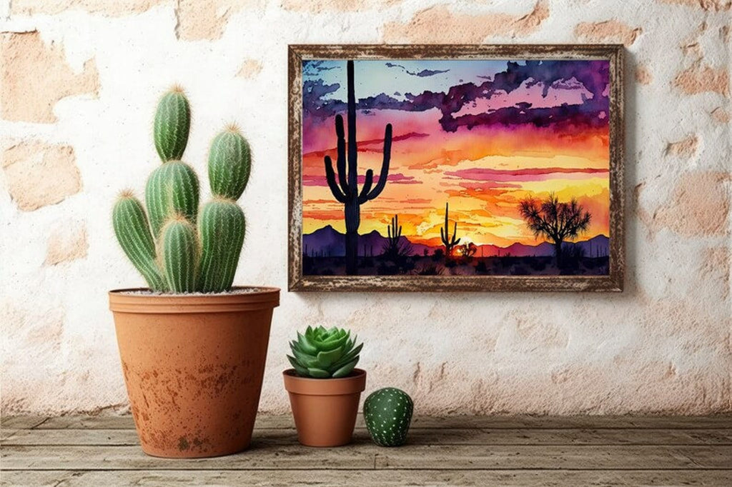 Desert Sunset Print Colorful Watercolor Wall Art Southwest Landscape Gift Saguaro Cactus Beautiful Nature Home Decor