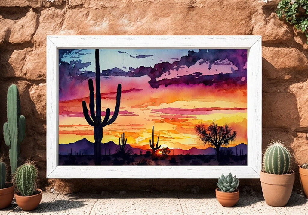 Desert Sunset Print Colorful Watercolor Wall Art Southwest Landscape Gift Saguaro Cactus Beautiful Nature Home Decor