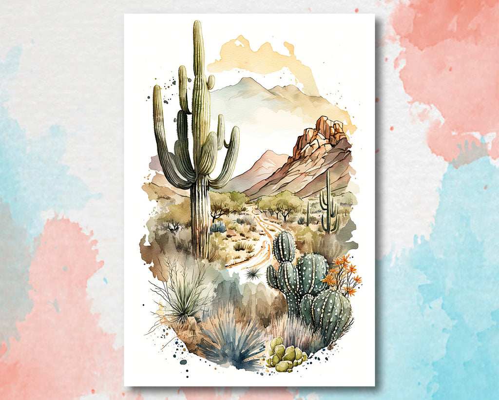 Desert Landscape Print Colorful Watercolor Wall Art Southwest Gift Saguaro Cactus Beautiful Nature Home Decor