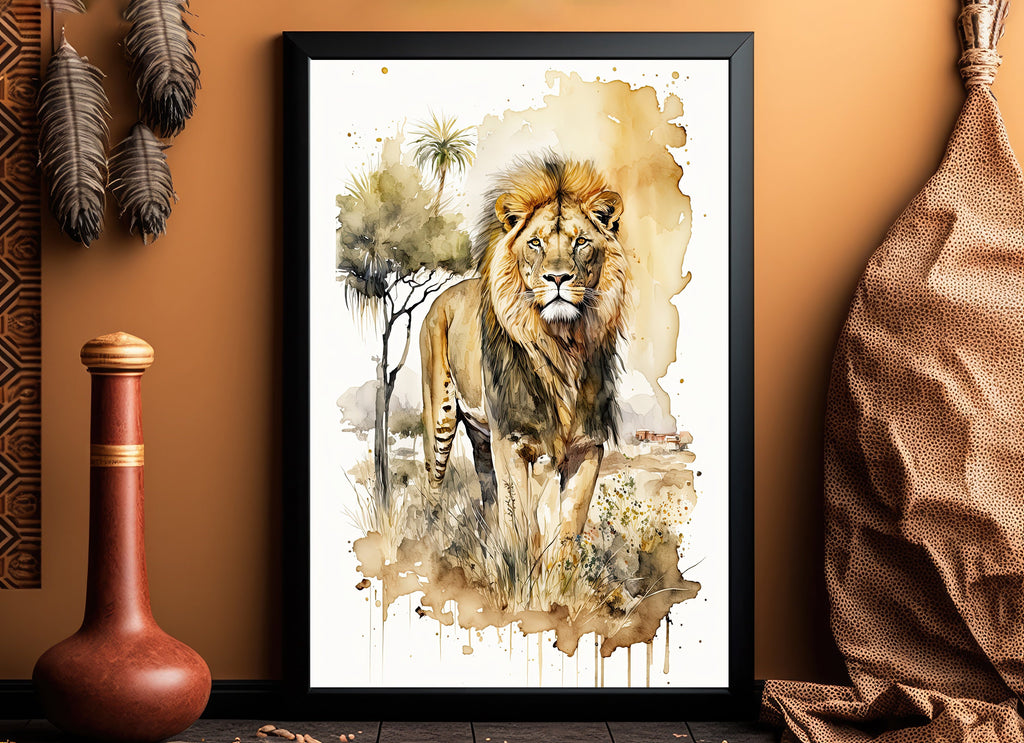 Lion Watercolor Print African Nature Wall Art Wildlife Gift Animal Home Decor