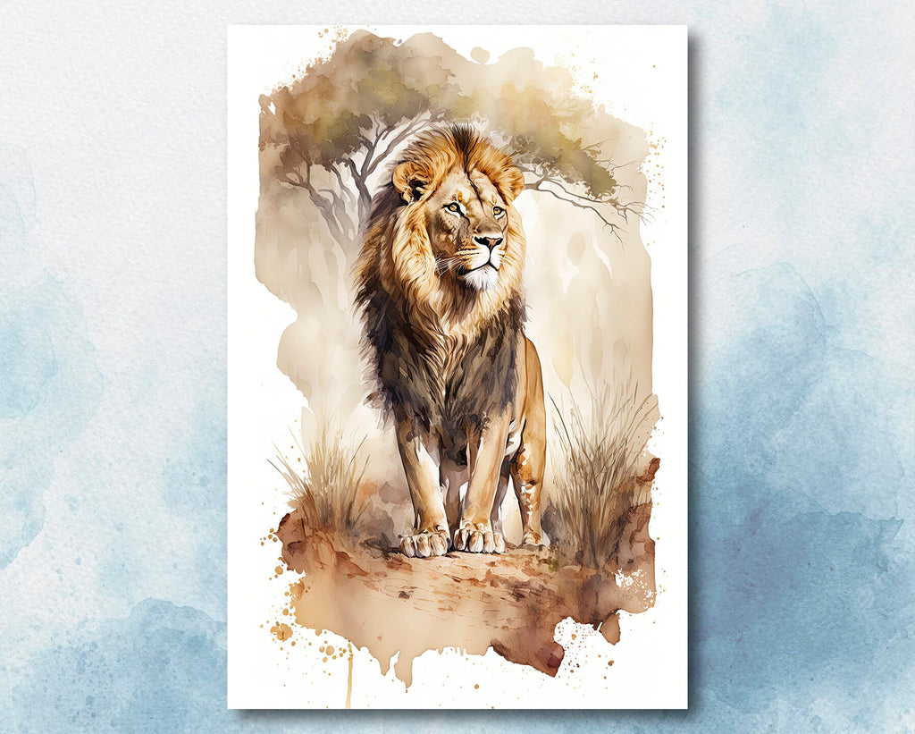 Lion Watercolor Print African Nature Wall Art Wildlife Gift Animal Home Decor