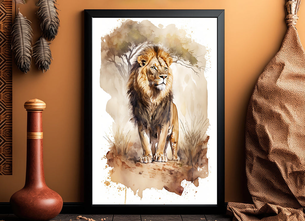 Lion Watercolor Print African Nature Wall Art Wildlife Gift Animal Home Decor