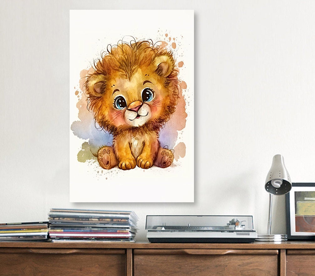 Baby Lion Watercolor Print Jungle Cat Nature Wall Art Kids Nursery Wildlife Gift Cute Animal Home Decor