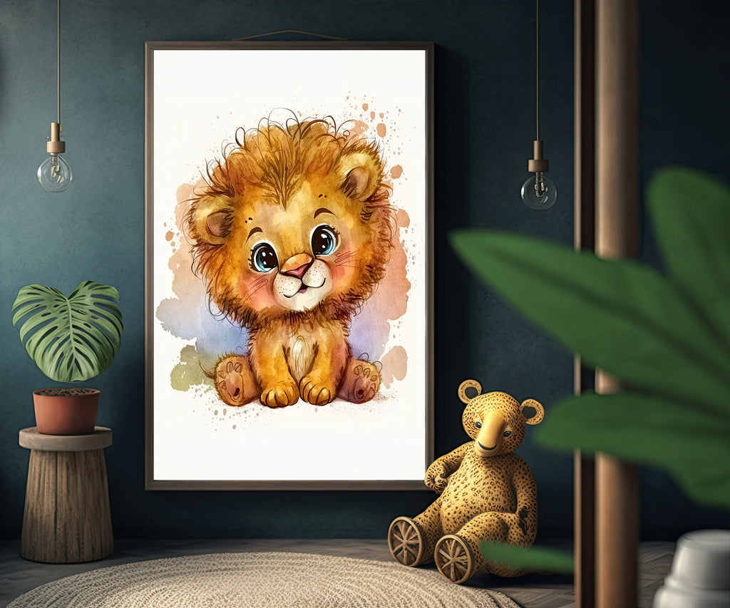 Baby Lion Watercolor Print Jungle Cat Nature Wall Art Kids Nursery Wildlife Gift Cute Animal Home Decor