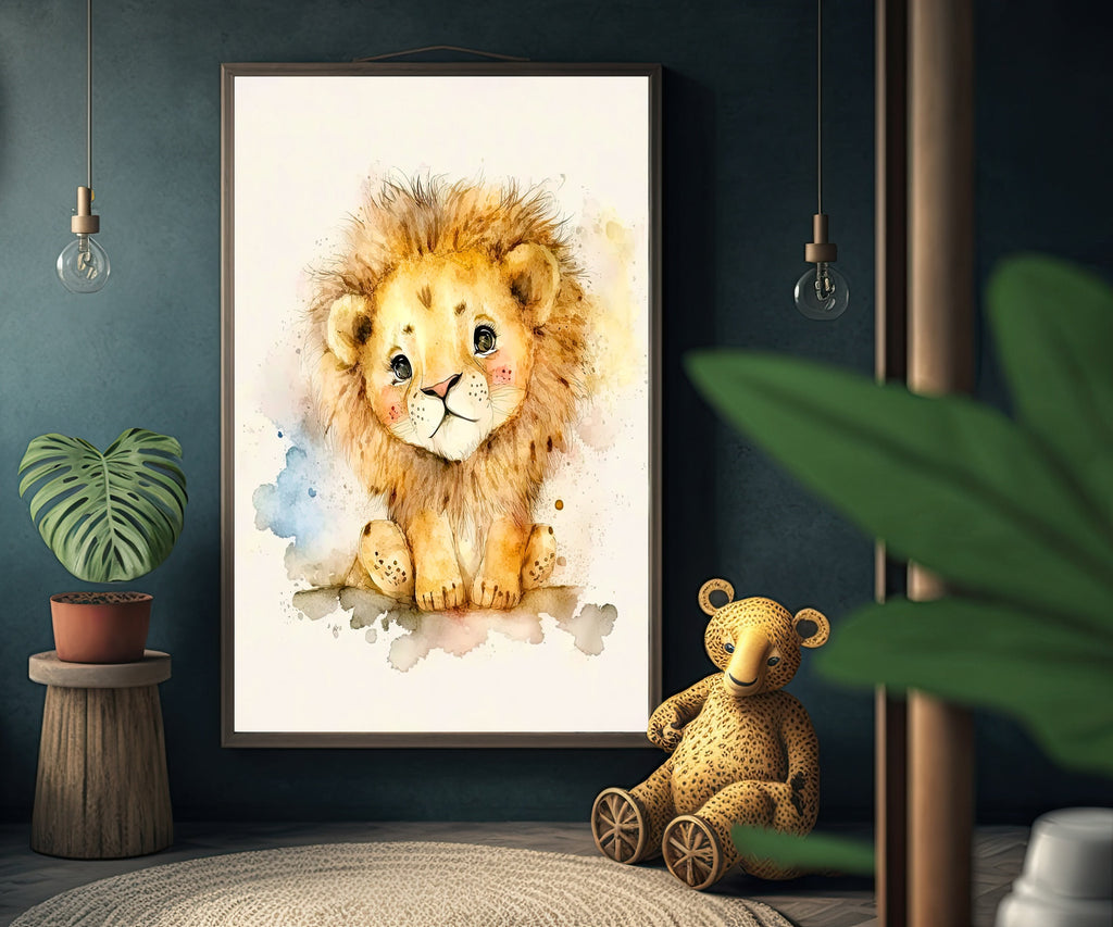 Baby Lion Watercolor Print Jungle Cat Nature Wall Art Kids Nursery Wildlife Gift Cute Animal Home Decor