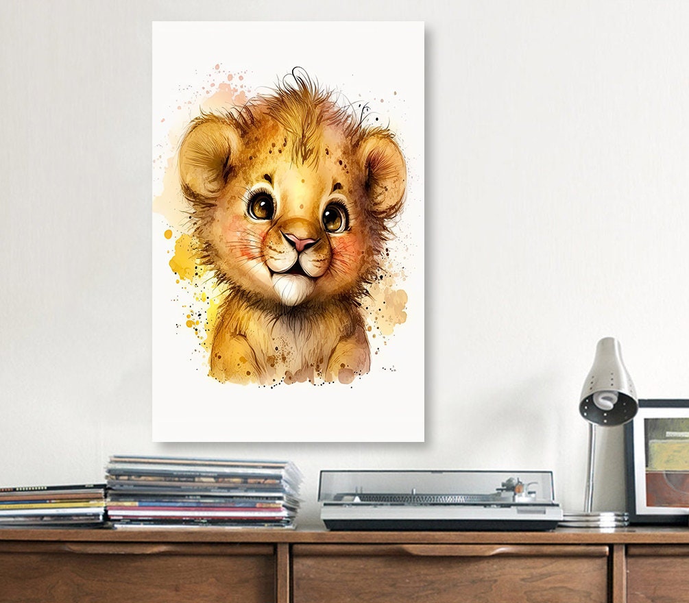 Baby Lion Watercolor Print Jungle Cat Nature Wall Art Kids Nursery Wildlife Gift Cute Animal Home Decor