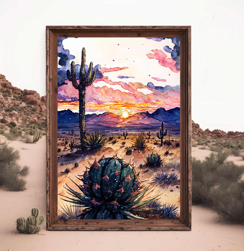 Desert Sunset Print Colorful Watercolor Wall Art Southwest Landscape Gift Saguaro Cactus Beautiful Nature Home Decor