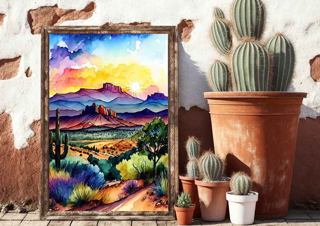 Desert Sunset Print Colorful Watercolor Wall Art Southwest Landscape Gift Saguaro Cactus Beautiful Nature Home Decor