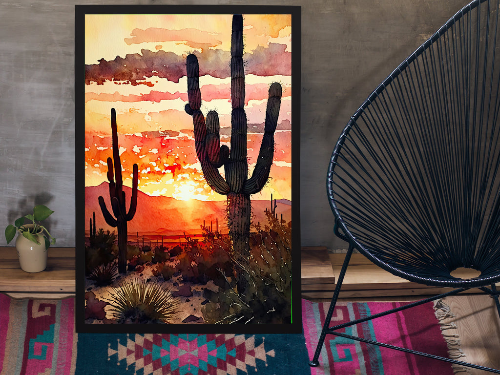 Desert Sunset Print Colorful Watercolor Wall Art Southwest Landscape Gift Saguaro Cactus Beautiful Nature Home Decor