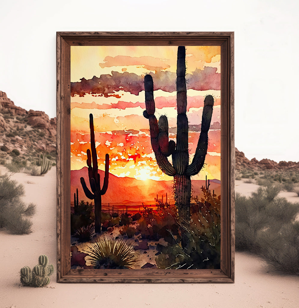 Desert Sunset Print Colorful Watercolor Wall Art Southwest Landscape Gift Saguaro Cactus Beautiful Nature Home Decor