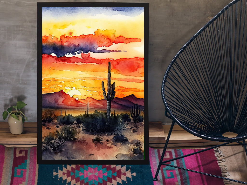 Desert Sunset Print Colorful Watercolor Wall Art Southwest Landscape Gift Saguaro Cactus Beautiful Nature Home Decor