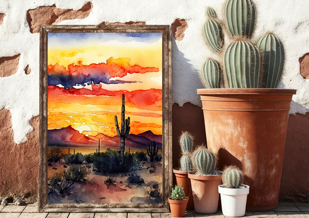 Desert Sunset Print Colorful Watercolor Wall Art Southwest Landscape Gift Saguaro Cactus Beautiful Nature Home Decor