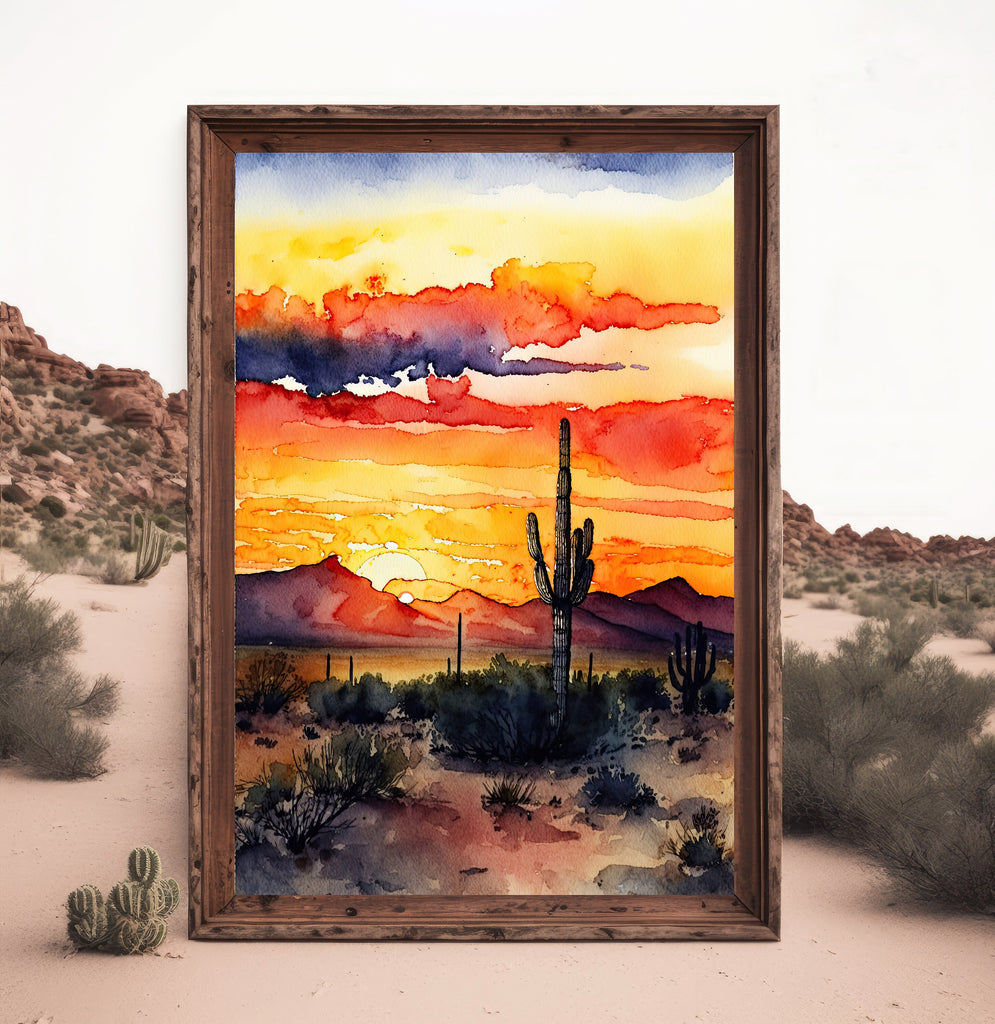 Desert Sunset Print Colorful Watercolor Wall Art Southwest Landscape Gift Saguaro Cactus Beautiful Nature Home Decor