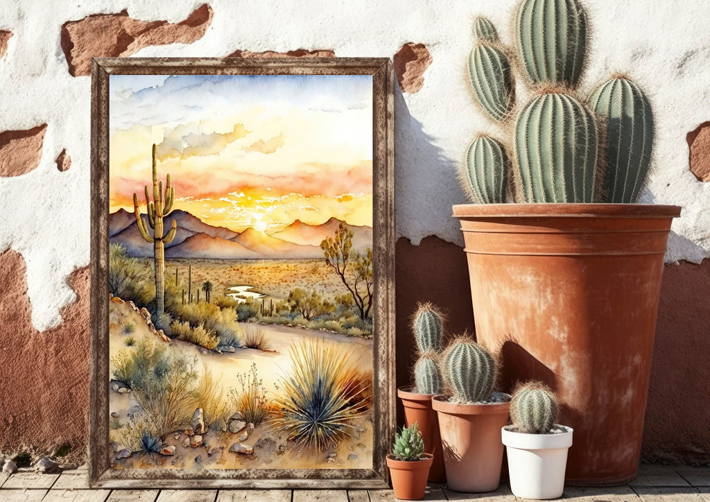 Desert Sunset Print Colorful Watercolor Wall Art Southwest Landscape Gift Saguaro Cactus Beautiful Nature Home Decor