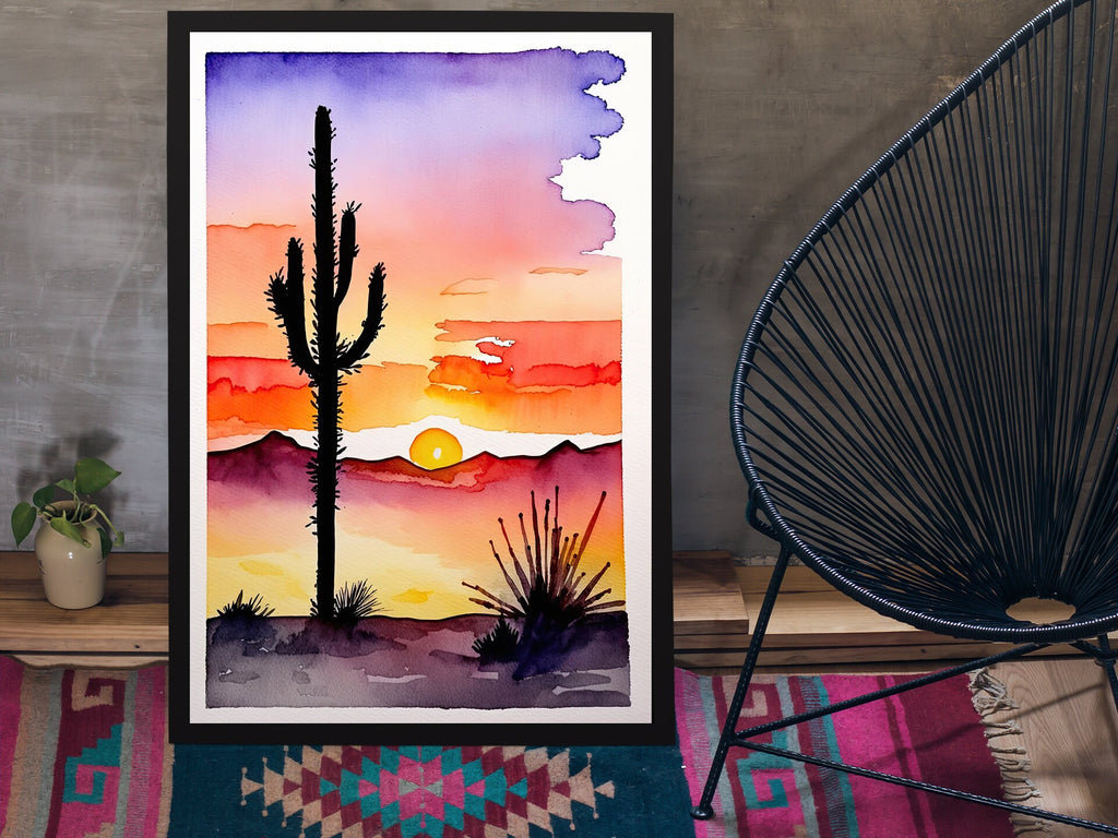 Desert Sunset Print Colorful Watercolor Wall Art Southwest Landscape Gift Saguaro Cactus Beautiful Nature Home Decor