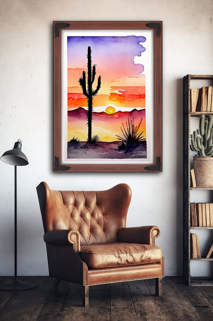 Desert Sunset Print Colorful Watercolor Wall Art Southwest Landscape Gift Saguaro Cactus Beautiful Nature Home Decor