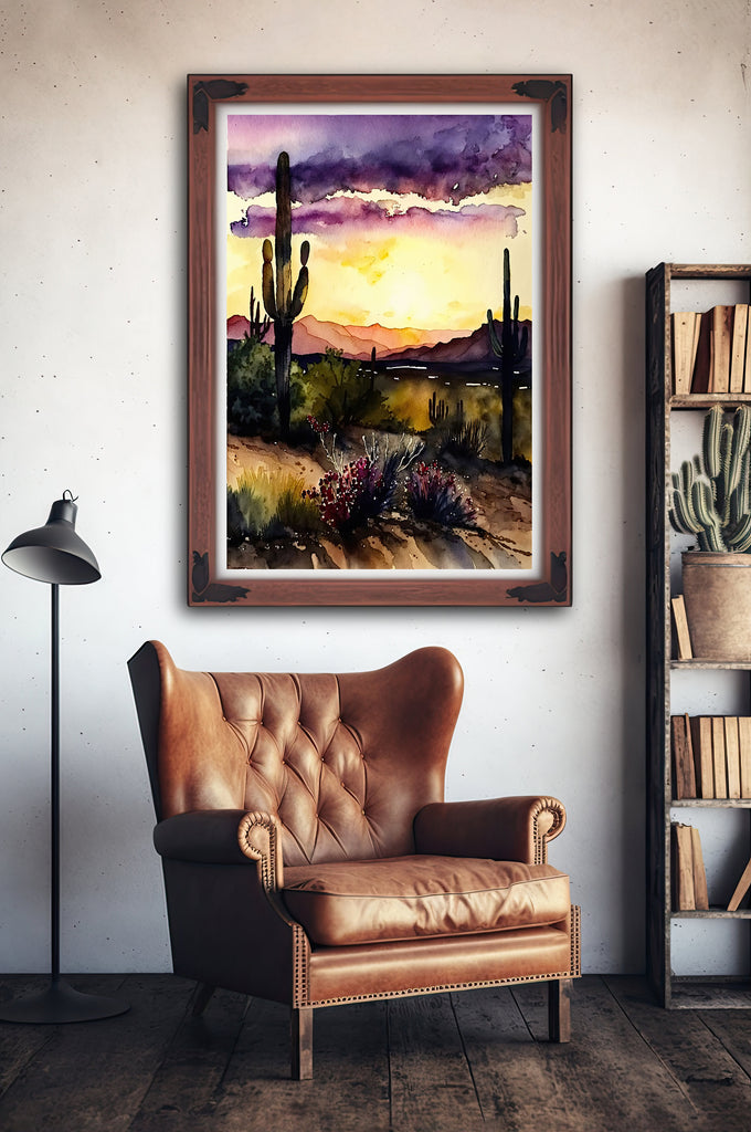 Desert Sunset Print Colorful Watercolor Wall Art Southwest Landscape Gift Saguaro Cactus Beautiful Nature Home Decor