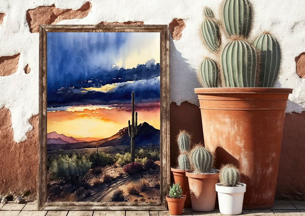 Desert Sunset Print Colorful Watercolor Wall Art Southwest Landscape Gift Saguaro Cactus Beautiful Nature Home Decor