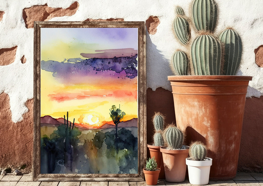 Desert Sunset Print Colorful Watercolor Wall Art Southwest Landscape Gift Saguaro Cactus Beautiful Nature Home Decor