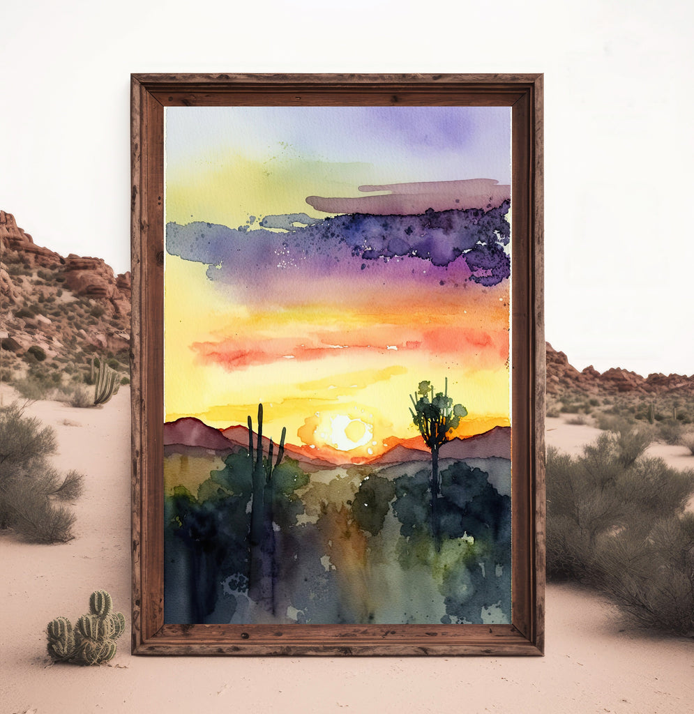 Desert Sunset Print Colorful Watercolor Wall Art Southwest Landscape Gift Saguaro Cactus Beautiful Nature Home Decor